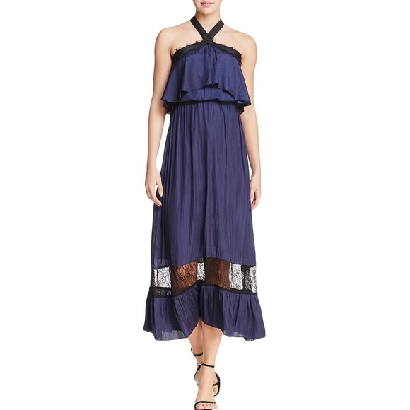 NWT (XS) Aqua popover lace inset halter long midi maxi navy black open shoulder - Picture 1 of 11